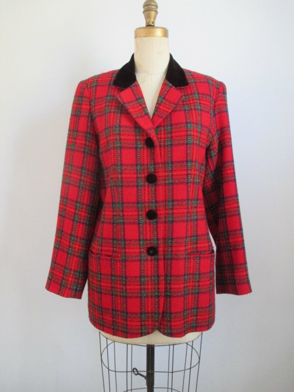 Red Wool Plaid Jacket Black Velvet Collar and Buttons